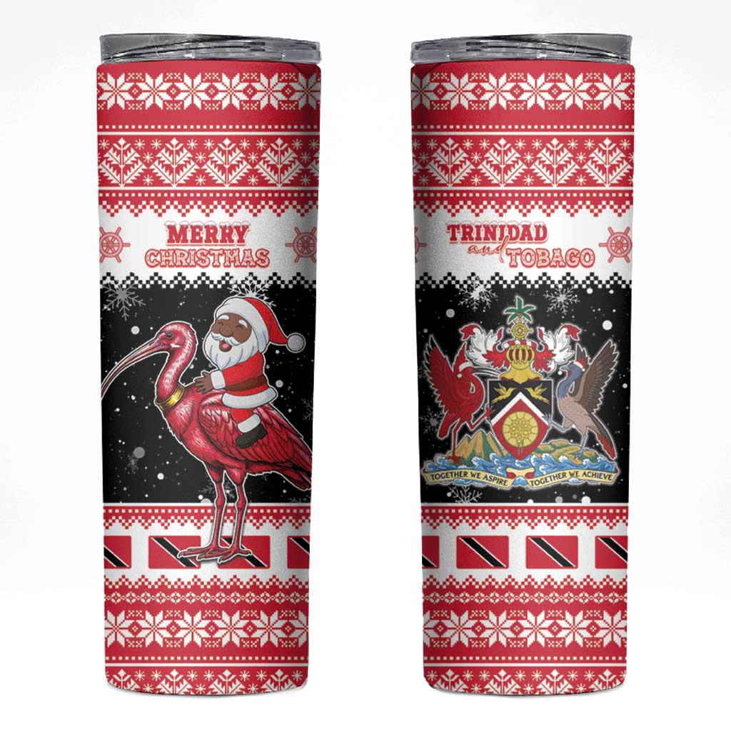Trinidad And Tobago Christmas Skinny Tumbler Funny Santa Riding Scarlet Ibis - Wonder Print Shop