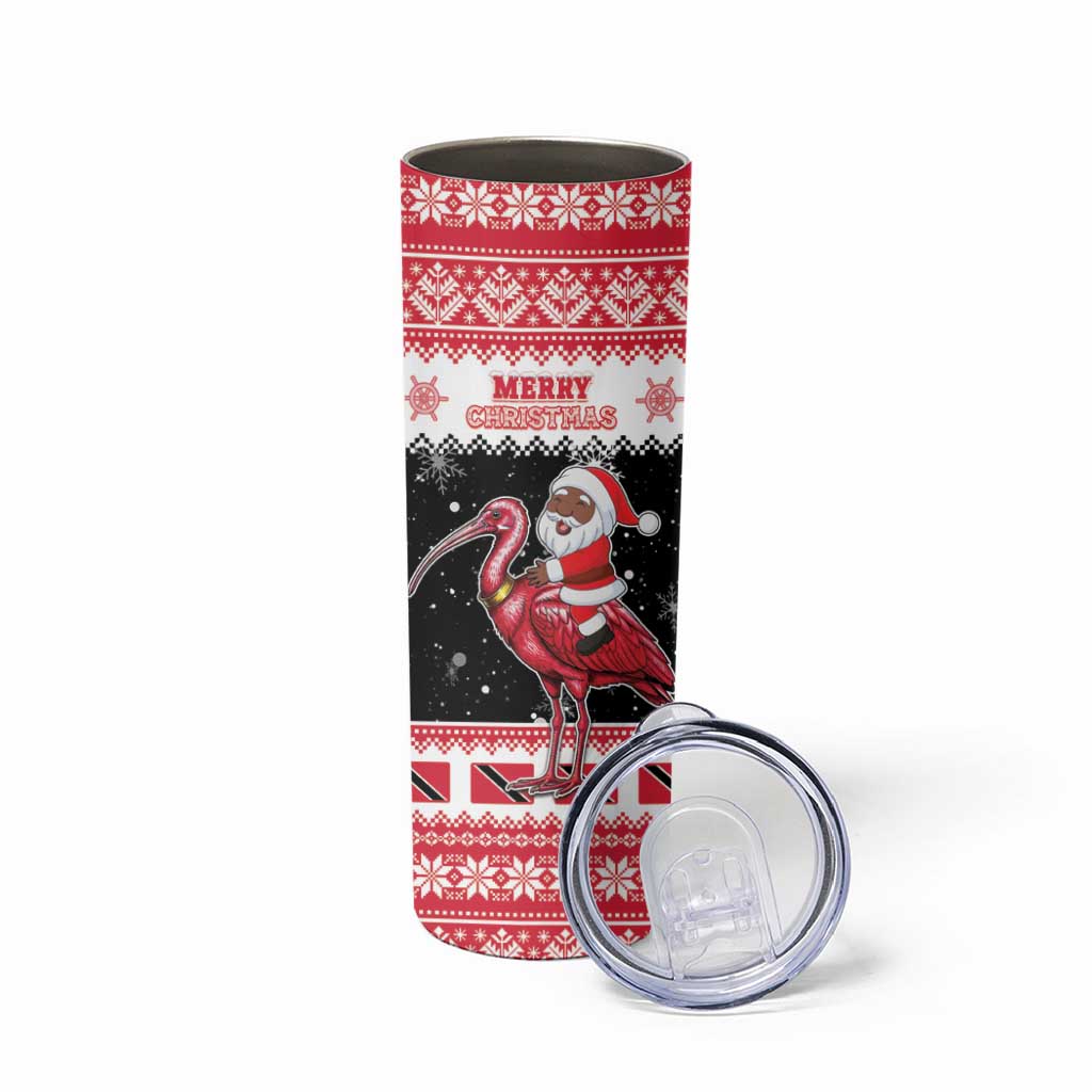 Trinidad And Tobago Christmas Skinny Tumbler Funny Santa Riding Scarlet Ibis - Wonder Print Shop
