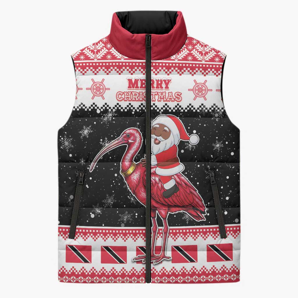 Trinidad And Tobago Christmas Sleeveless Puffer Jacket Funny Santa Riding Scarlet Ibis - Wonder Print Shop