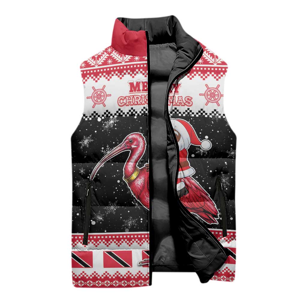 Trinidad And Tobago Christmas Sleeveless Puffer Jacket Funny Santa Riding Scarlet Ibis - Wonder Print Shop
