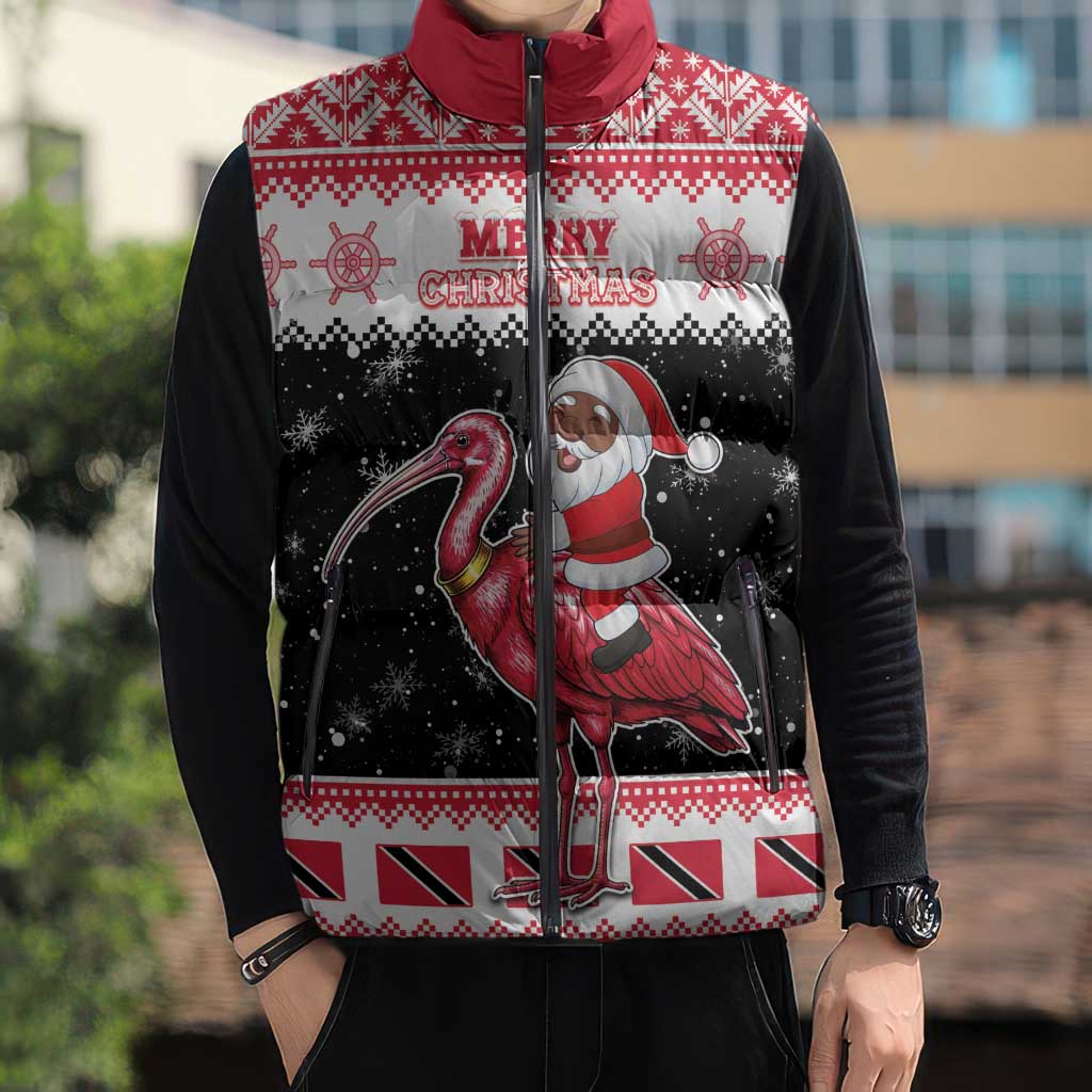 Trinidad And Tobago Christmas Sleeveless Puffer Jacket Funny Santa Riding Scarlet Ibis - Wonder Print Shop