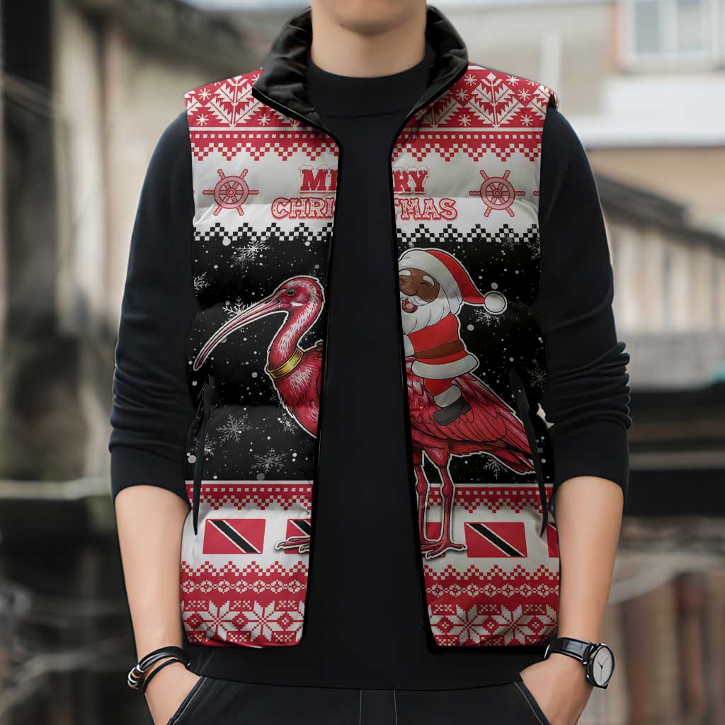 Trinidad And Tobago Christmas Sleeveless Puffer Jacket Funny Santa Riding Scarlet Ibis - Wonder Print Shop