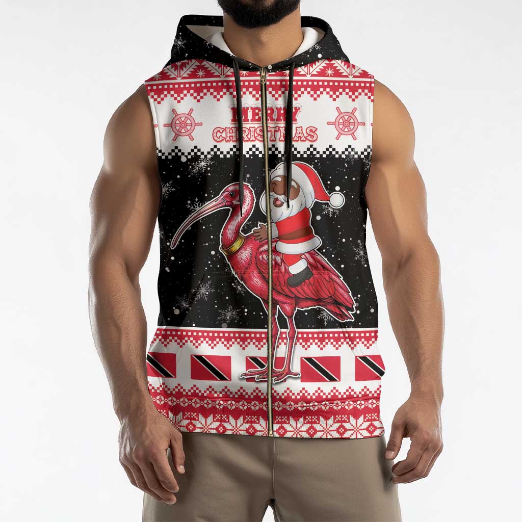Trinidad And Tobago Christmas Sleeveless Zip Hoodie Funny Santa Riding Scarlet Ibis - Wonder Print Shop