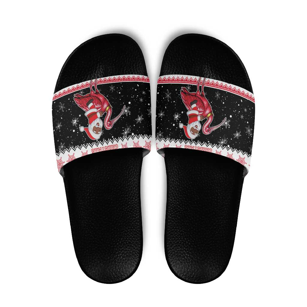 Trinidad And Tobago Christmas Slide Sandals Funny Santa Riding Scarlet Ibis - Wonder Print Shop