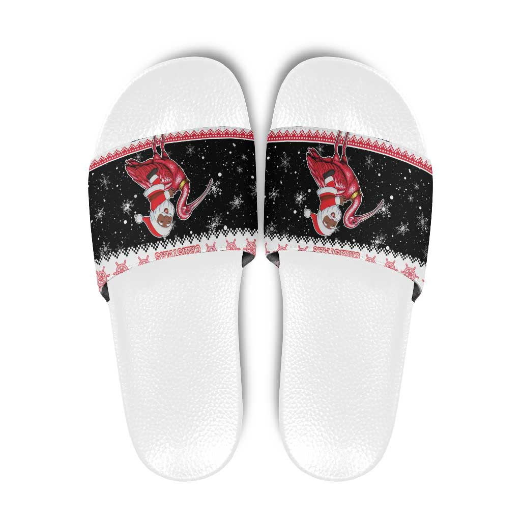 Trinidad And Tobago Christmas Slide Sandals Funny Santa Riding Scarlet Ibis - Wonder Print Shop