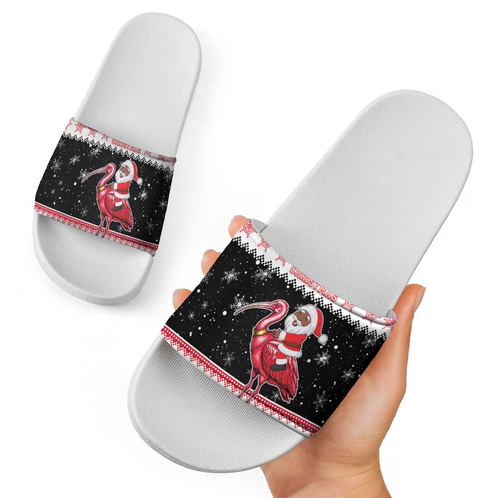 Trinidad And Tobago Christmas Slide Sandals Funny Santa Riding Scarlet Ibis - Wonder Print Shop