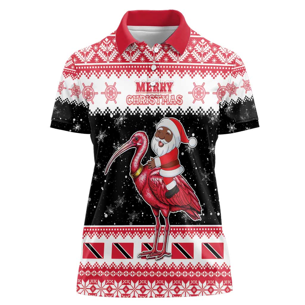 Trinidad And Tobago Christmas Women Polo Shirt Funny Santa Riding Scarlet Ibis - Wonder Print Shop
