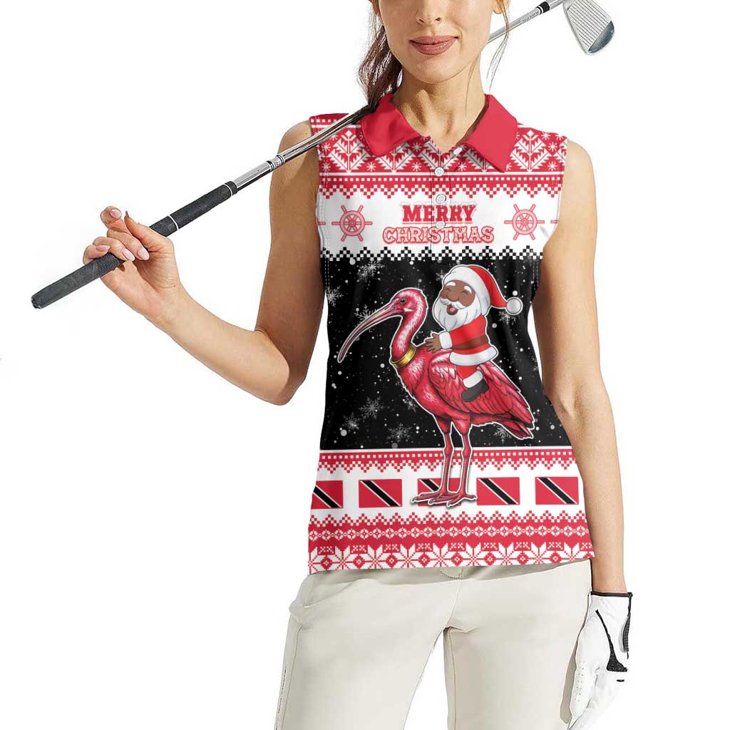 Trinidad And Tobago Christmas Women Sleeveless Polo Shirt Funny Santa Riding Scarlet Ibis - Wonder Print Shop