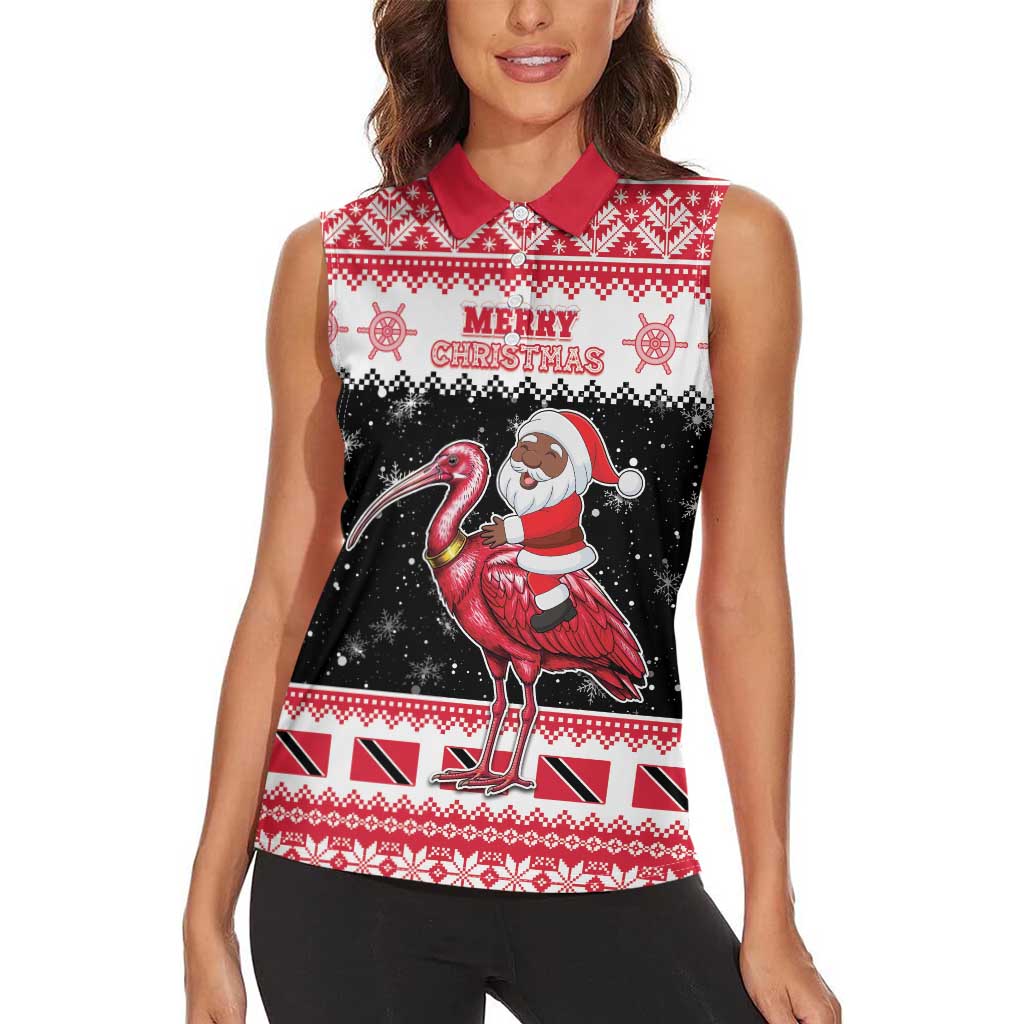 Trinidad And Tobago Christmas Women Sleeveless Polo Shirt Funny Santa Riding Scarlet Ibis - Wonder Print Shop