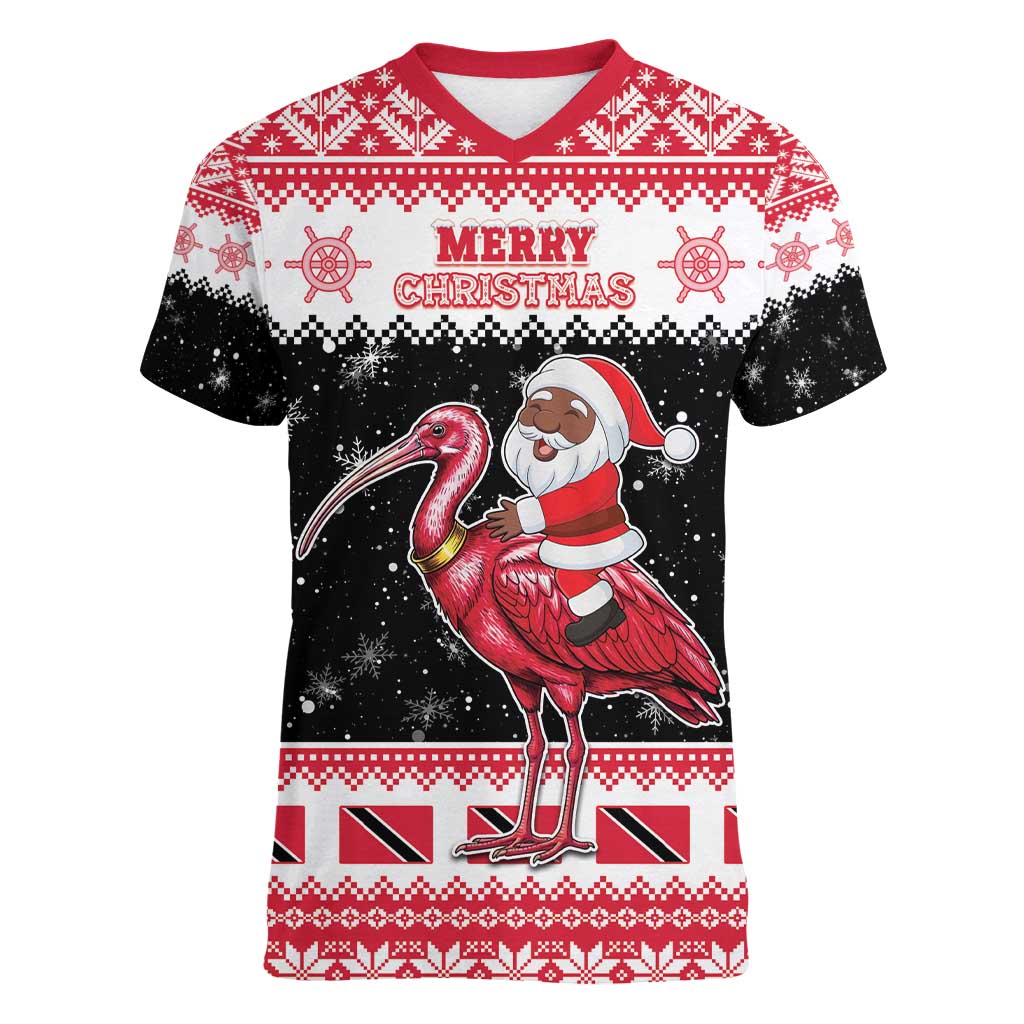 Trinidad And Tobago Christmas Women V-Neck T-Shirt Funny Santa Riding Scarlet Ibis - Wonder Print Shop