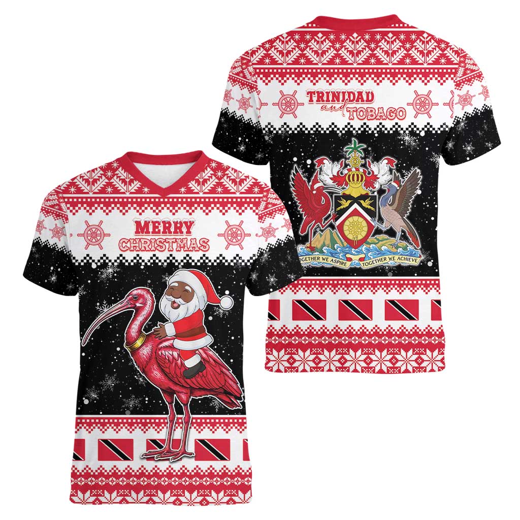 Trinidad And Tobago Christmas Women V-Neck T-Shirt Funny Santa Riding Scarlet Ibis - Wonder Print Shop