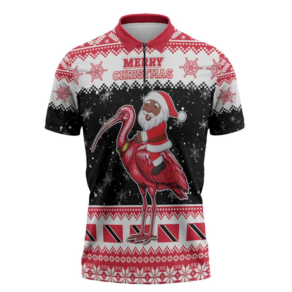 Trinidad And Tobago Christmas Zipper Polo Shirt Funny Santa Riding Scarlet Ibis - Wonder Print Shop