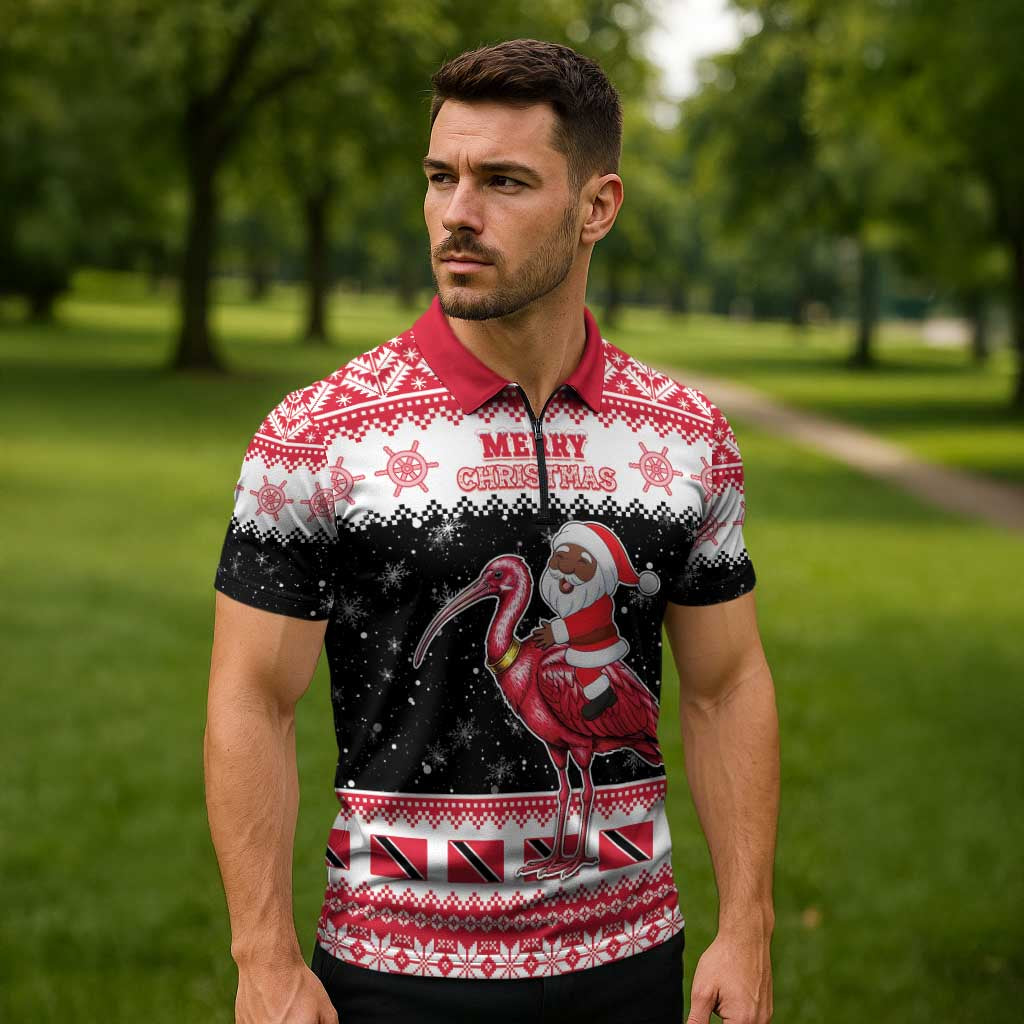 Trinidad And Tobago Christmas Zipper Polo Shirt Funny Santa Riding Scarlet Ibis - Wonder Print Shop