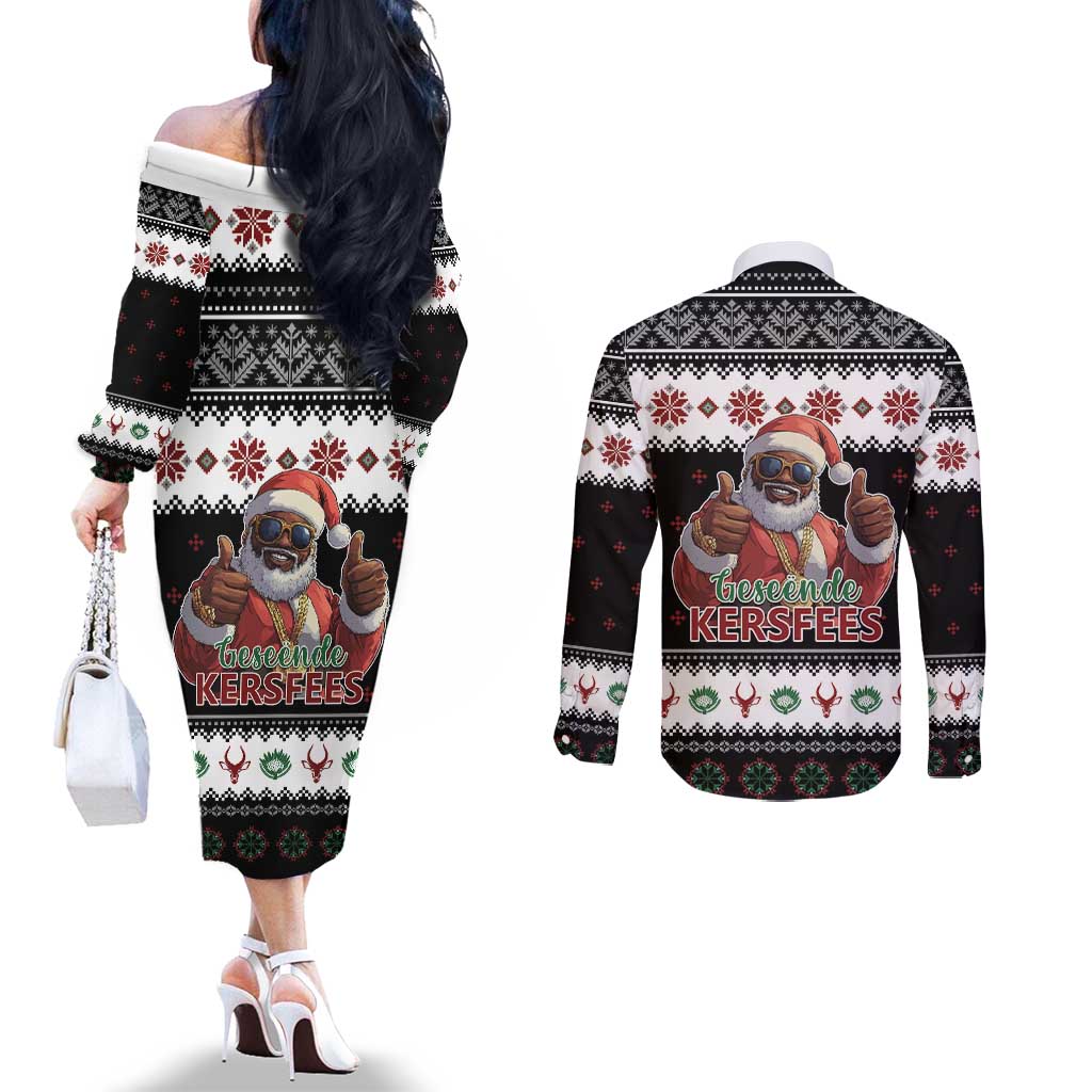 South Africa Christmas Couples Matching Off The Shoulder Long Sleeve Dress and Long Sleeve Button Shirt Hip Hop Santa Claus