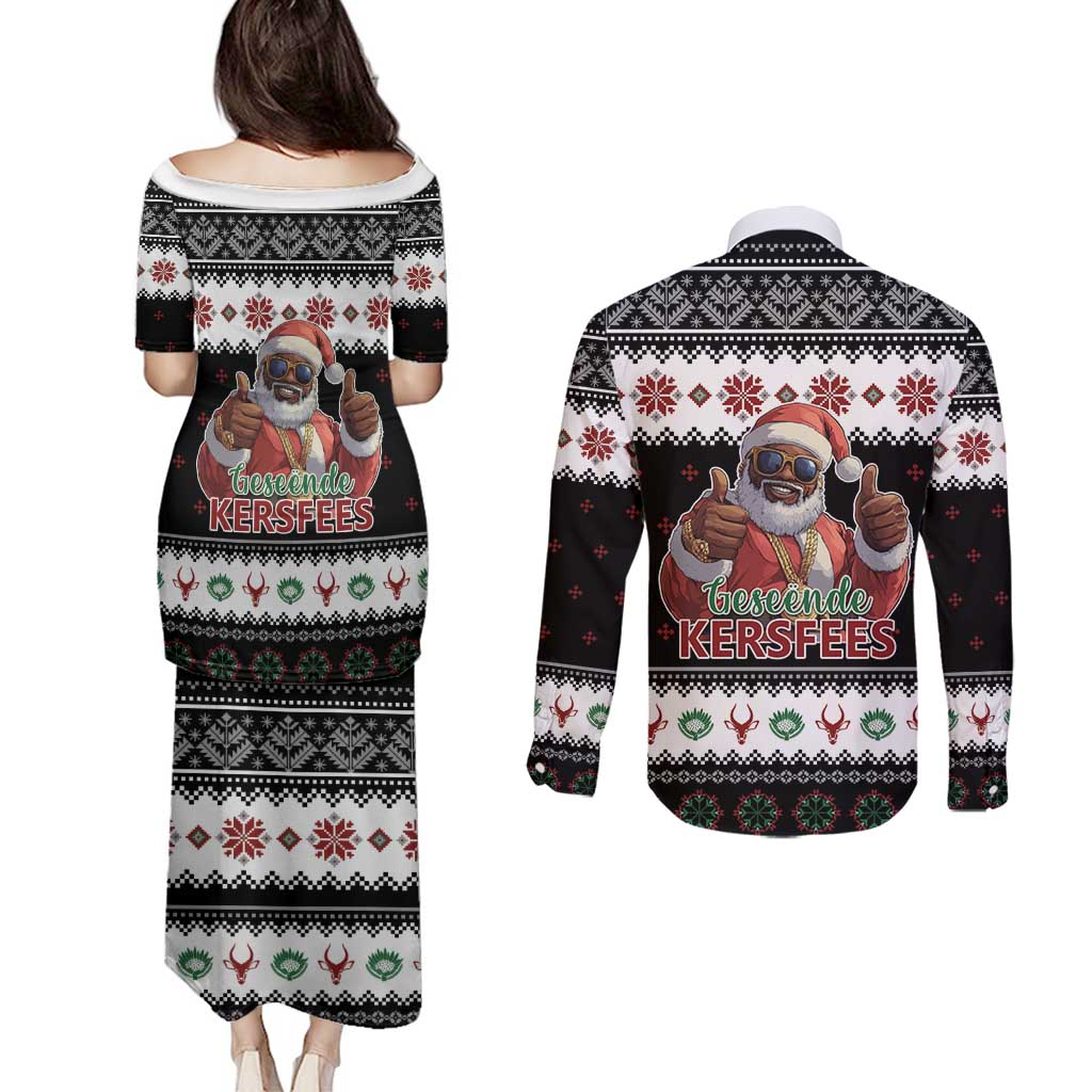 South Africa Christmas Couples Matching Puletasi and Long Sleeve Button Shirt Hip Hop Santa Claus LT05 - Wonder Print Shop