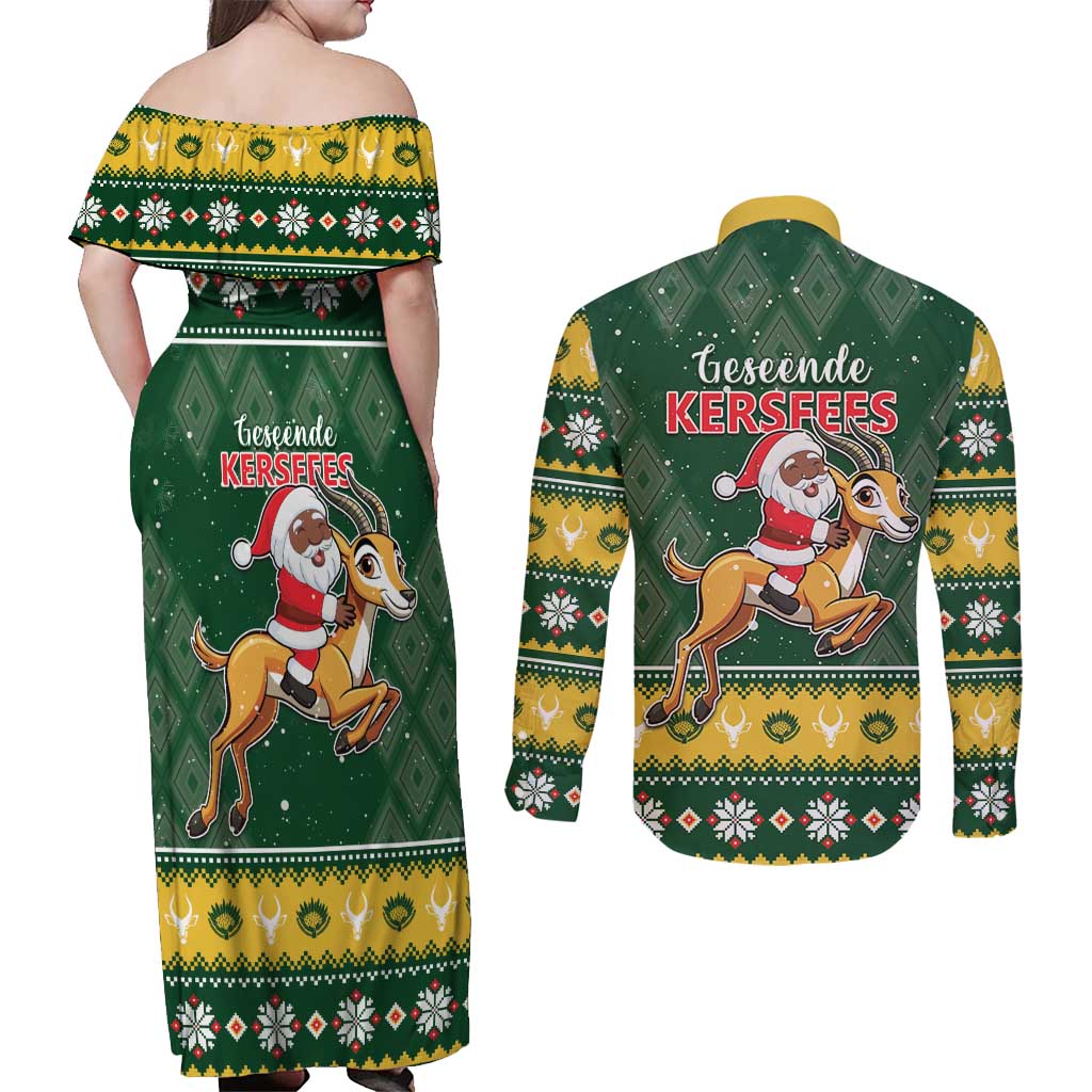 South Africa Christmas Couples Matching Off Shoulder Maxi Dress and Long Sleeve Button Shirt Funny Santa Riding Springbok LT05 - Wonder Print Shop