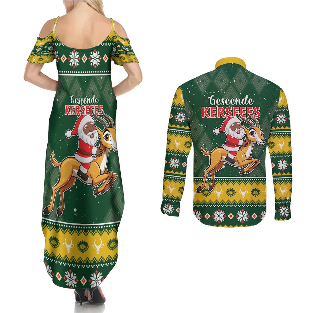 South Africa Christmas Couples Matching Summer Maxi Dress and Long Sleeve Button Shirt Funny Santa Riding Springbok LT05 - Wonder Print Shop