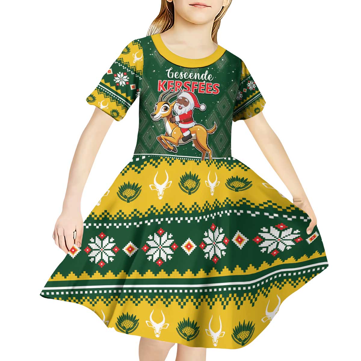 South Africa Christmas Kid Short Sleeve Dress Funny Santa Riding Springbok LT05 - Wonder Print Shop