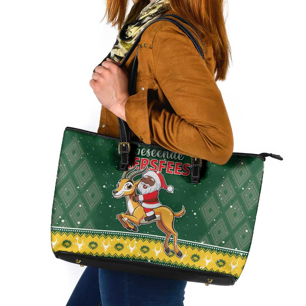 South Africa Christmas Leather Tote Bag Funny Santa Riding Springbok LT05 - Wonder Print Shop