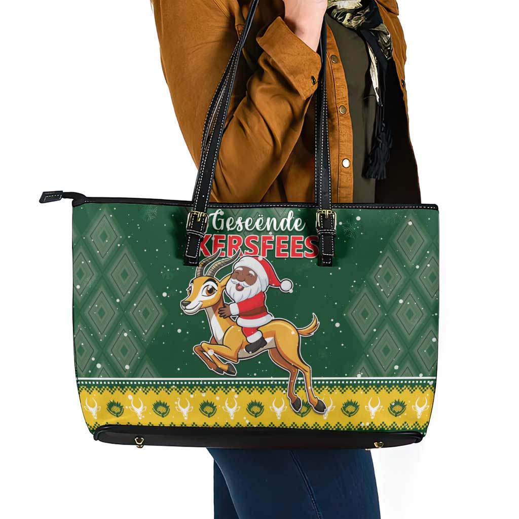 South Africa Christmas Leather Tote Bag Funny Santa Riding Springbok LT05 - Wonder Print Shop