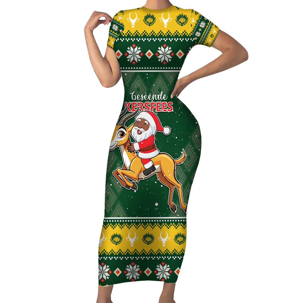 South Africa Christmas Short Sleeve Bodycon Dress Funny Santa Riding Springbok LT05 - Wonder Print Shop