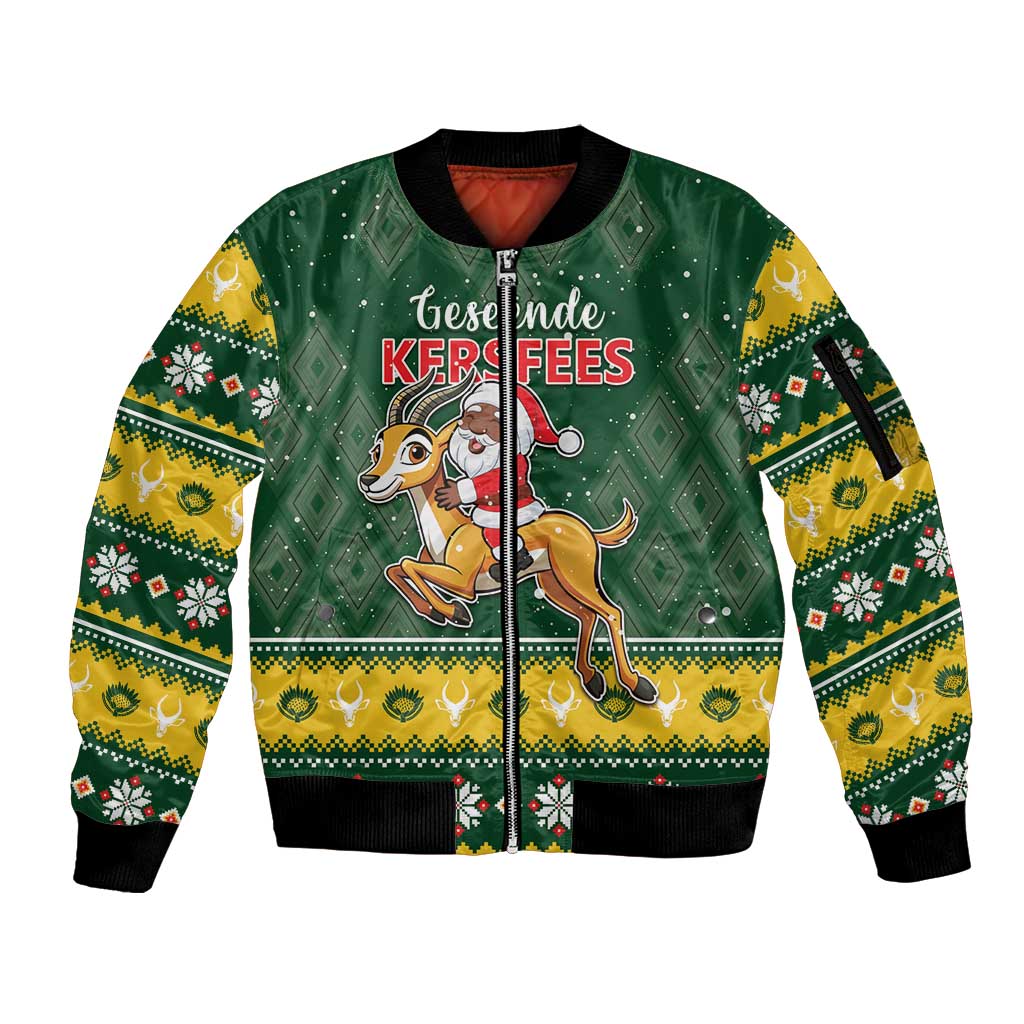 South Africa Christmas Sleeve Zip Bomber Jacket Funny Santa Riding Springbok LT05 - Wonder Print Shop
