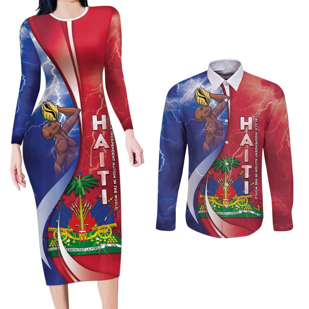 Haiti Independence Day Couples Matching Long Sleeve Bodycon Dress and Long Sleeve Button Shirt The First Black Independent Nation - Wonder Print Shop