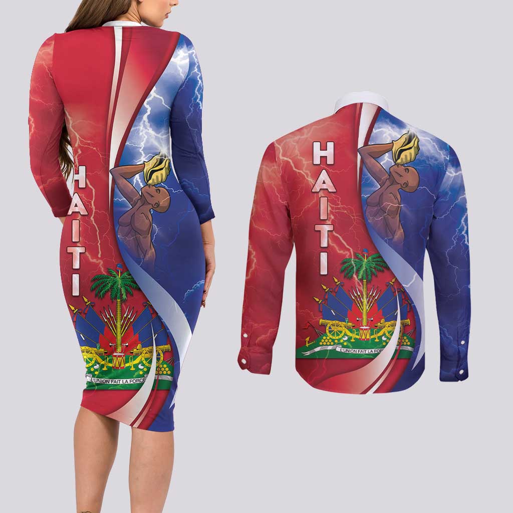 Haiti Independence Day Couples Matching Long Sleeve Bodycon Dress and Long Sleeve Button Shirt The First Black Independent Nation - Wonder Print Shop