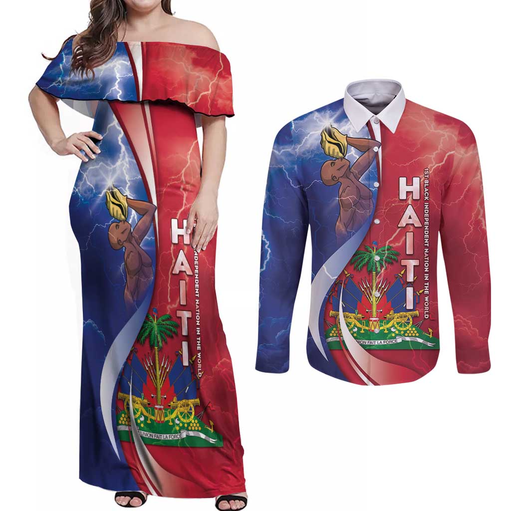 Haiti Independence Day Couples Matching Off Shoulder Maxi Dress and Long Sleeve Button Shirt The First Black Independent Nation - Wonder Print Shop