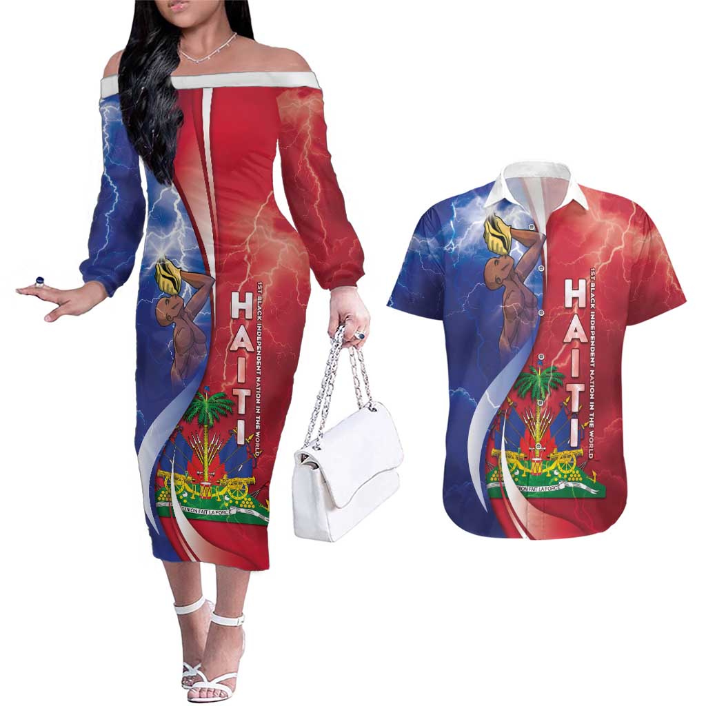 Haiti Independence Day Couples Matching Off The Shoulder Long Sleeve Dress and Hawaiian Shirt The First Black Independent Nation - Wonder Print Shop