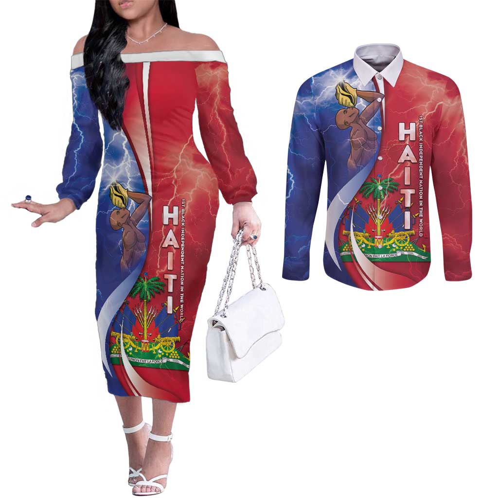 Haiti Independence Day Couples Matching Off The Shoulder Long Sleeve Dress and Long Sleeve Button Shirt The First Black Independent Nation - Wonder Print Shop