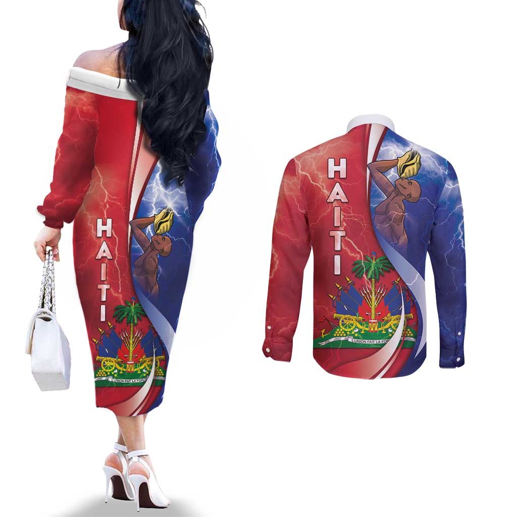 Haiti Independence Day Couples Matching Off The Shoulder Long Sleeve Dress and Long Sleeve Button Shirt The First Black Independent Nation - Wonder Print Shop