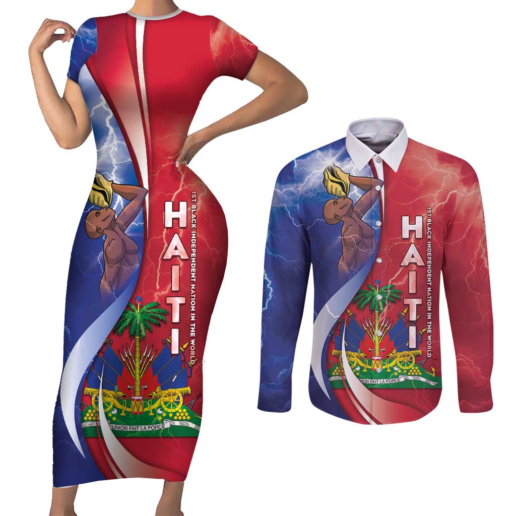 Haiti Independence Day Couples Matching Short Sleeve Bodycon Dress and Long Sleeve Button Shirt The First Black Independent Nation - Wonder Print Shop