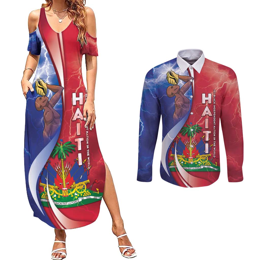 Haiti Independence Day Couples Matching Summer Maxi Dress and Long Sleeve Button Shirt The First Black Independent Nation - Wonder Print Shop
