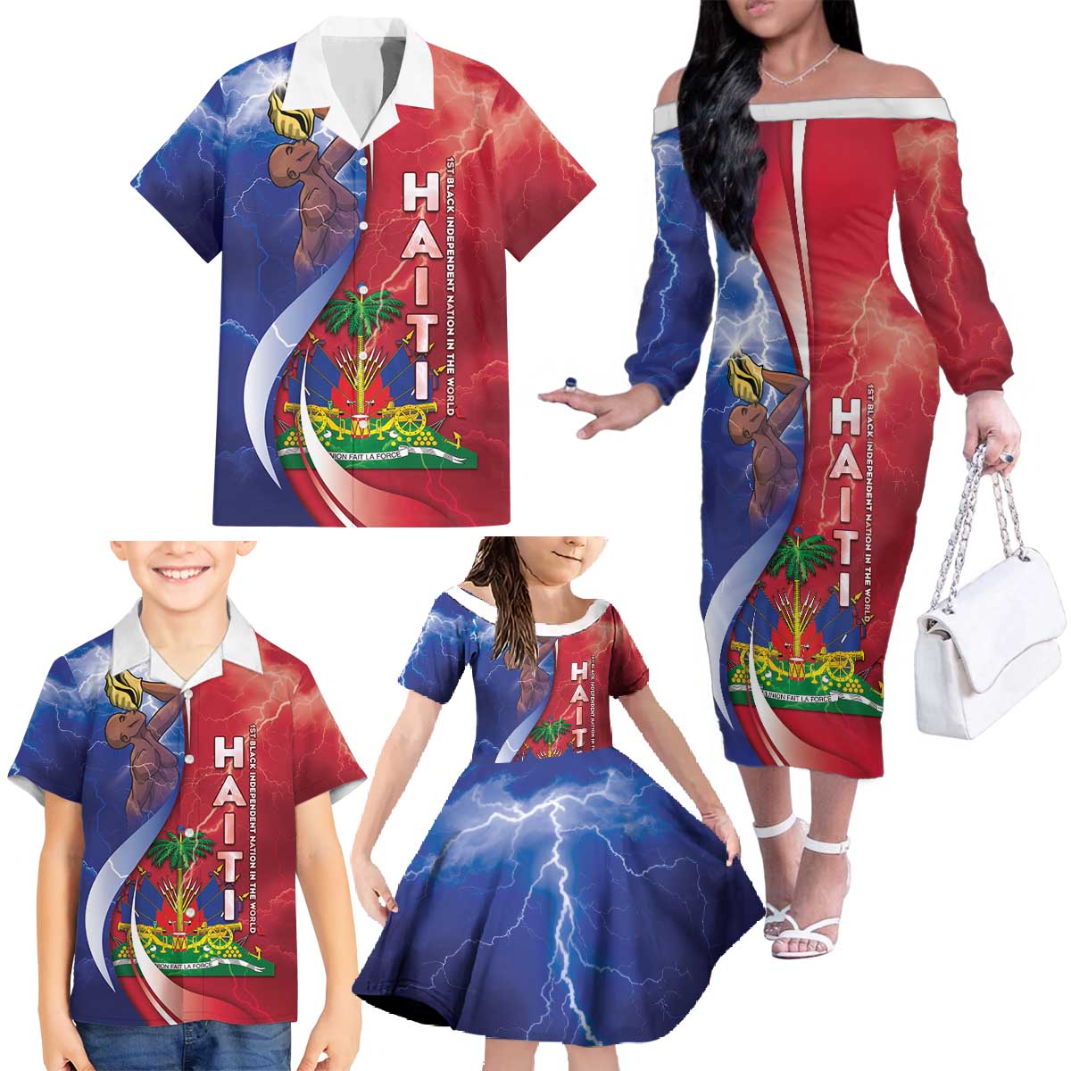 Haiti Independence Day Family Matching Off The Shoulder Long Sleeve Dress and Hawaiian Shirt The First Black Independent Nation - Wonder Print Shop
