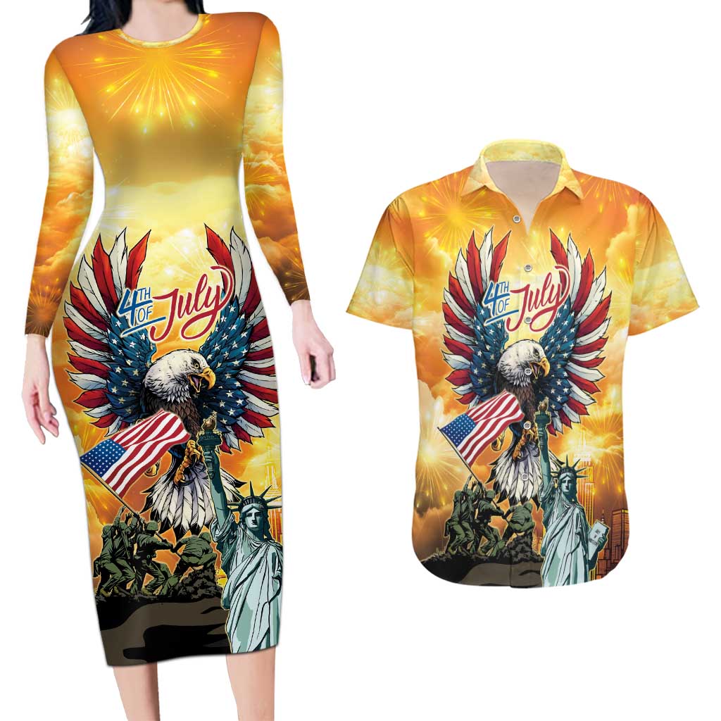 United States Fourth Of July Couples Matching Long Sleeve Bodycon Dress and Hawaiian Shirt Happy Independence Day