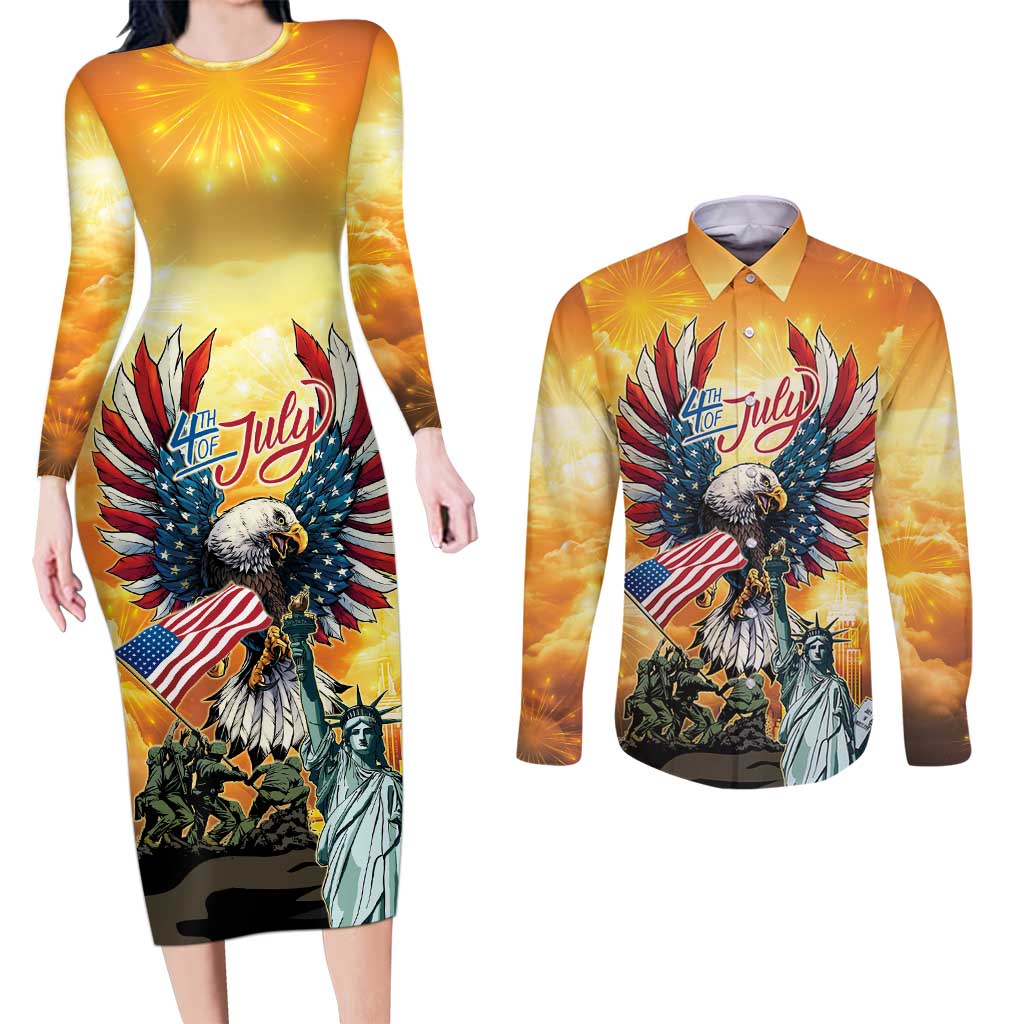 United States Fourth Of July Couples Matching Long Sleeve Bodycon Dress and Long Sleeve Button Shirt Happy Independence Day