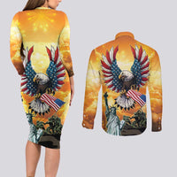 United States Fourth Of July Couples Matching Long Sleeve Bodycon Dress and Long Sleeve Button Shirt Happy Independence Day