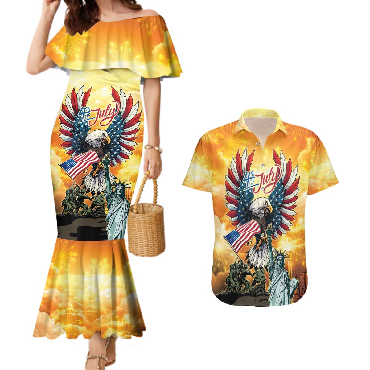 United States Fourth Of July Couples Matching Mermaid Dress and Hawaiian Shirt Happy Independence Day