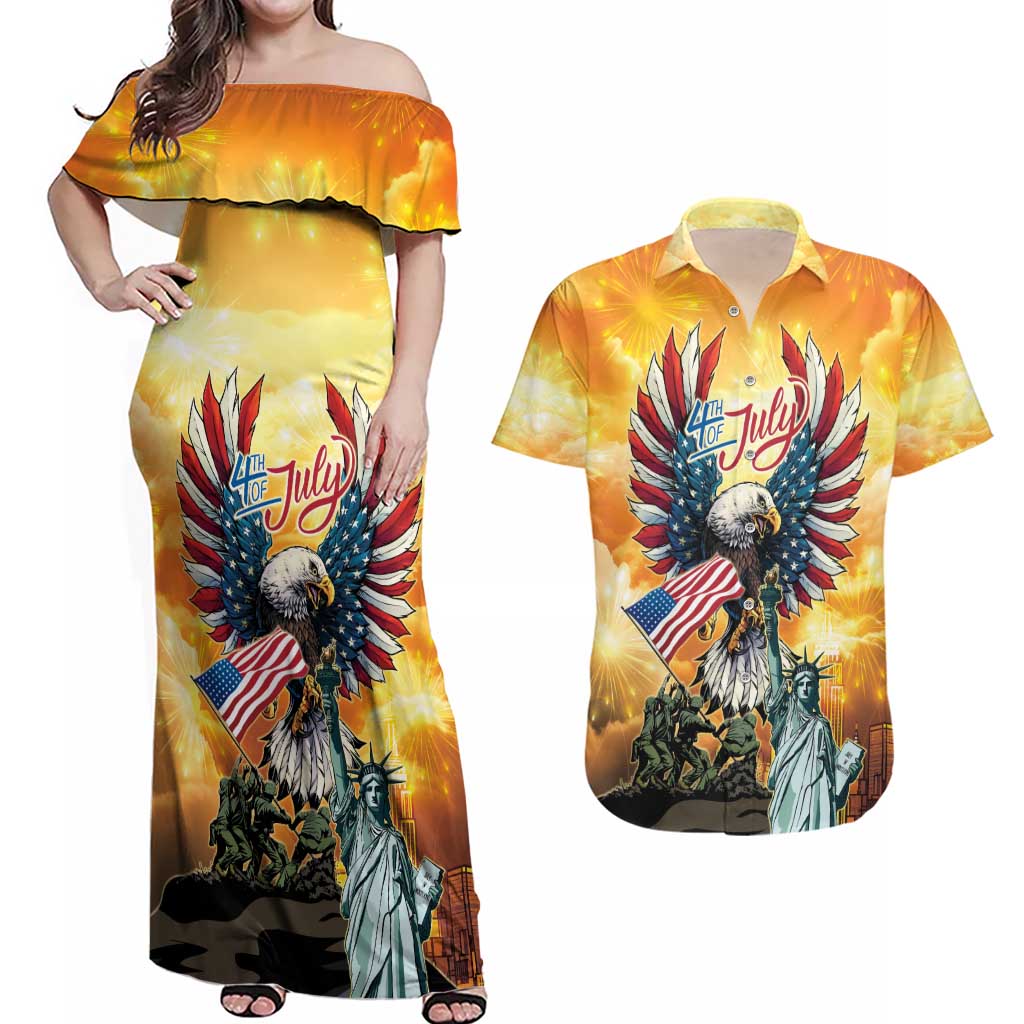 United States Fourth Of July Couples Matching Off Shoulder Maxi Dress and Hawaiian Shirt Happy Independence Day