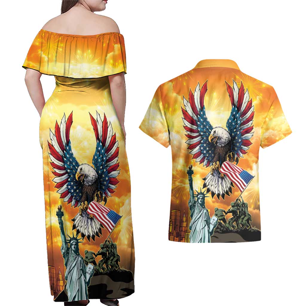 United States Fourth Of July Couples Matching Off Shoulder Maxi Dress and Hawaiian Shirt Happy Independence Day