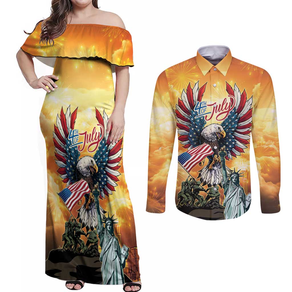 United States Fourth Of July Couples Matching Off Shoulder Maxi Dress and Long Sleeve Button Shirt Happy Independence Day