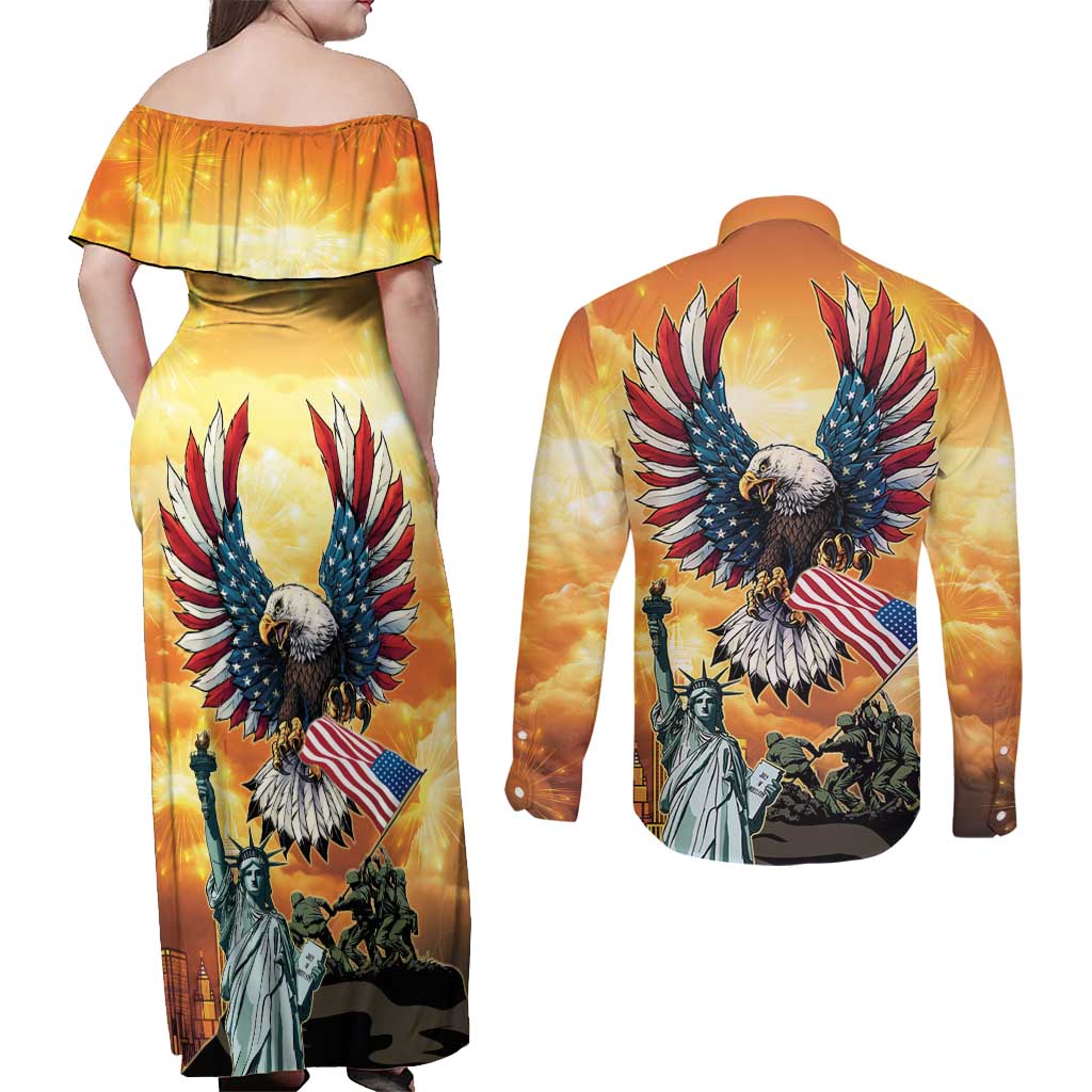 United States Fourth Of July Couples Matching Off Shoulder Maxi Dress and Long Sleeve Button Shirt Happy Independence Day