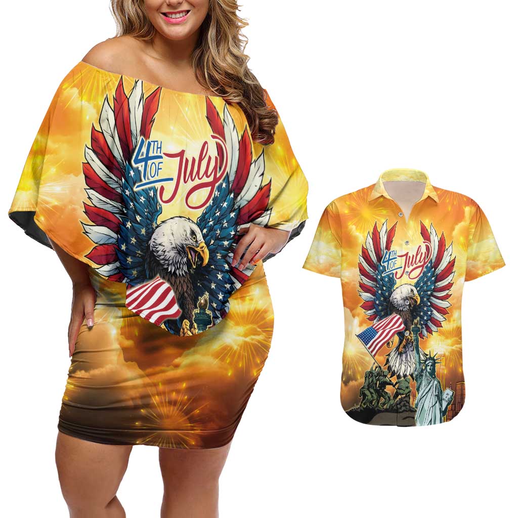 United States Fourth Of July Couples Matching Off Shoulder Short Dress and Hawaiian Shirt Happy Independence Day