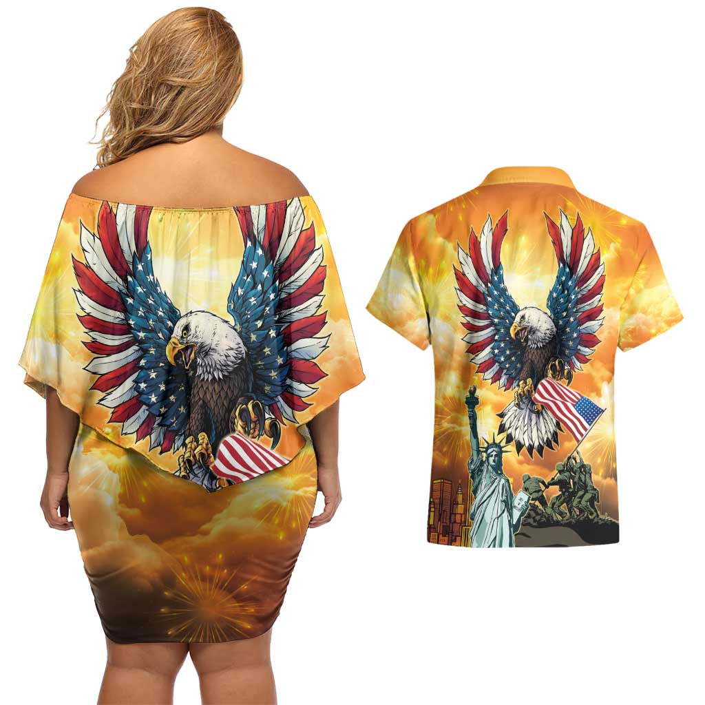 United States Fourth Of July Couples Matching Off Shoulder Short Dress and Hawaiian Shirt Happy Independence Day