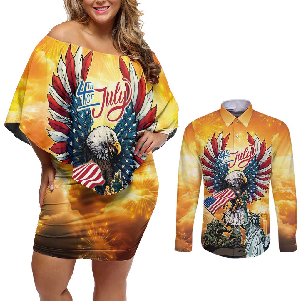 United States Fourth Of July Couples Matching Off Shoulder Short Dress and Long Sleeve Button Shirt Happy Independence Day