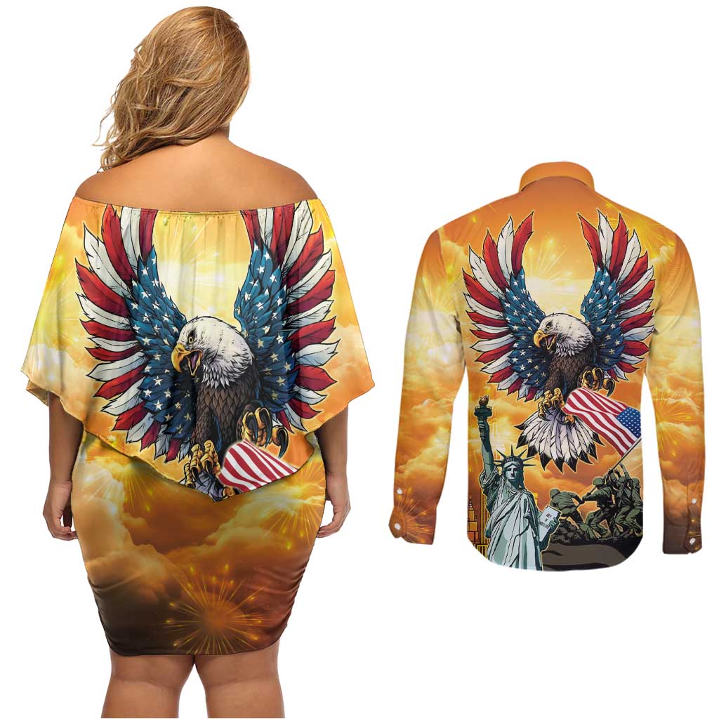 United States Fourth Of July Couples Matching Off Shoulder Short Dress and Long Sleeve Button Shirt Happy Independence Day