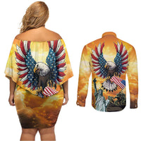 United States Fourth Of July Couples Matching Off Shoulder Short Dress and Long Sleeve Button Shirt Happy Independence Day
