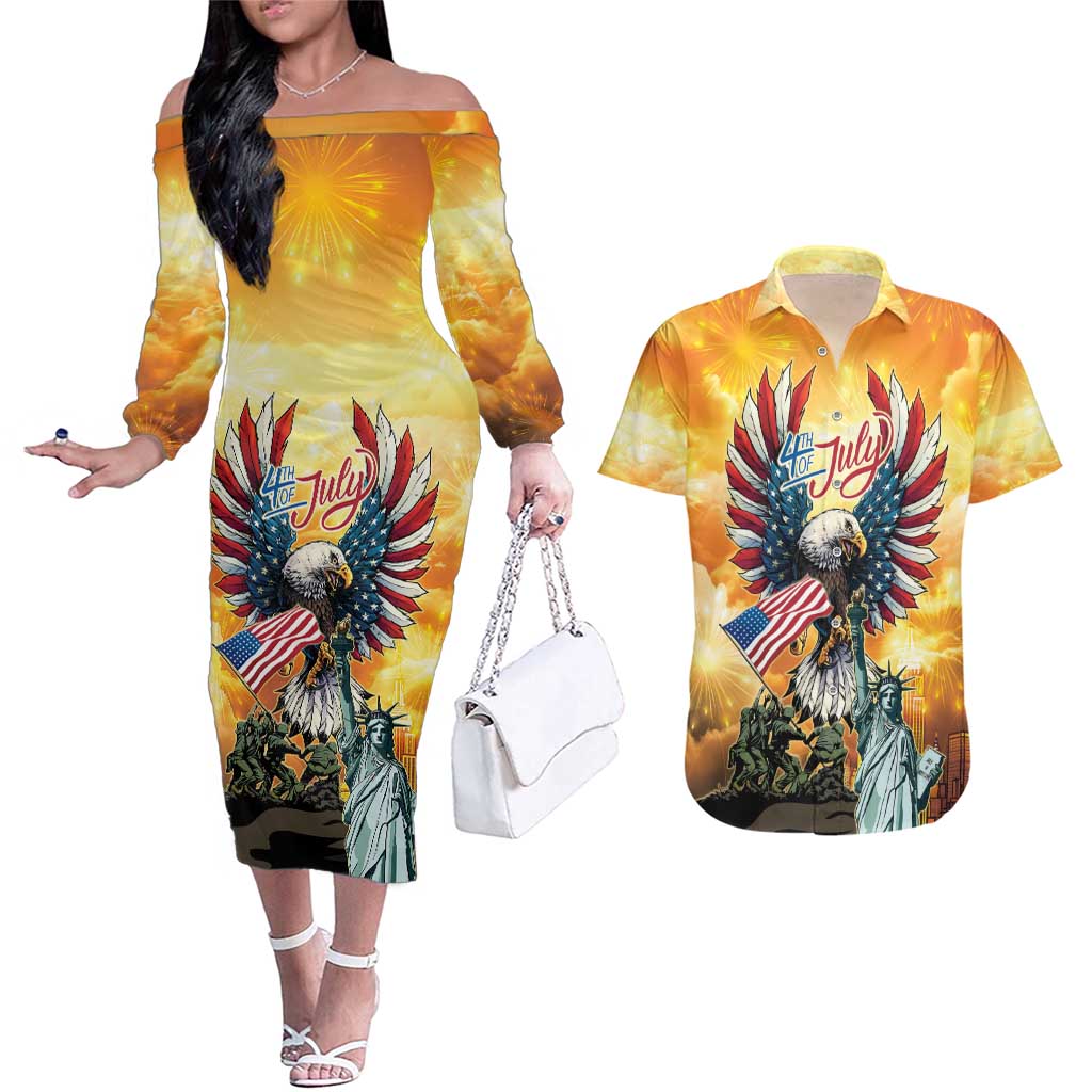 United States Fourth Of July Couples Matching Off The Shoulder Long Sleeve Dress and Hawaiian Shirt Happy Independence Day
