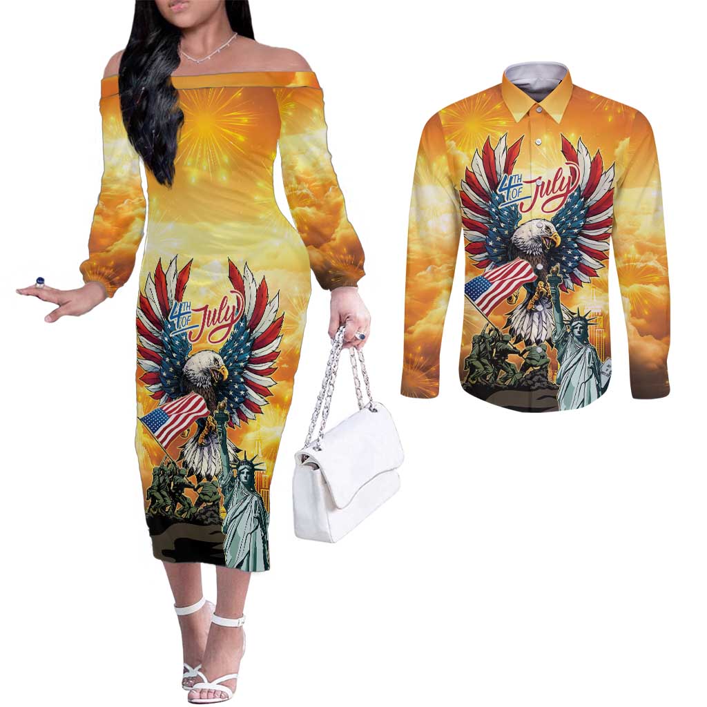 United States Fourth Of July Couples Matching Off The Shoulder Long Sleeve Dress and Long Sleeve Button Shirt Happy Independence Day